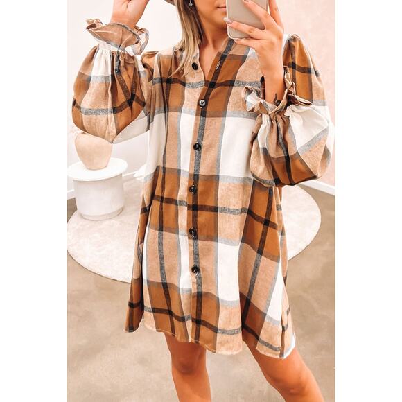 NWT  khaki pattern collared neck ruffled sleeve shirt dress - Picture 7 of 8